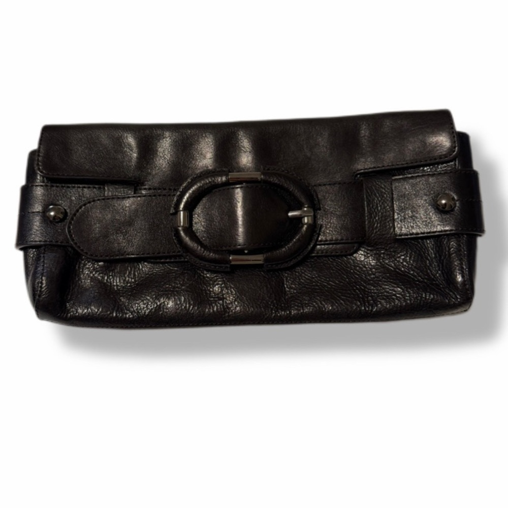 Kenneth Cole Black Leather Clutch Wristlet Foldover Bag